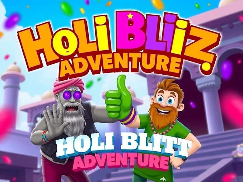 Holi Blitz Adventure Game Cover showing colorful characters celebrating Holi